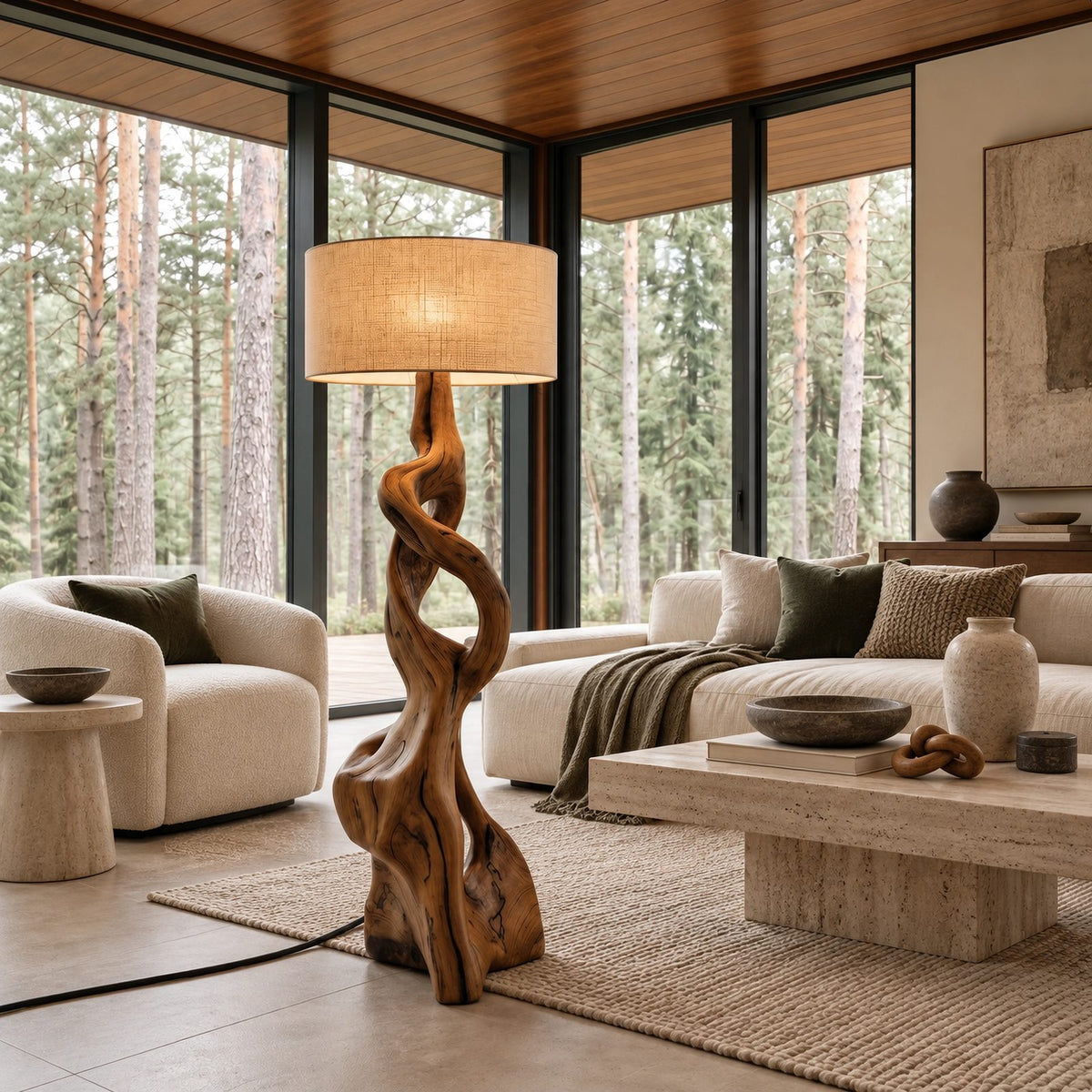 Sculptural Twisted Wood Floor Lamp With Fabric Shade For Living Room