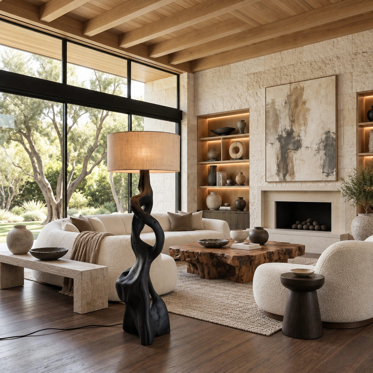 Sculptural Twisted Wood Floor Lamp With Fabric Shade For Living Room
