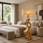 Sculptural Twisted Wood Floor Lamp With Fabric Shade For Living Room