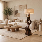 Sculptural Twisted Wood Floor Lamp With Fabric Shade For Living Room