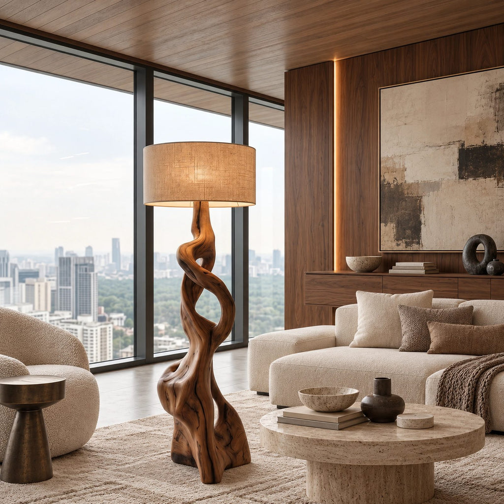 Sculptural Twisted Wood Floor Lamp With Fabric Shade For Living Room