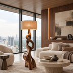 Sculptural Twisted Wood Floor Lamp With Fabric Shade For Living Room