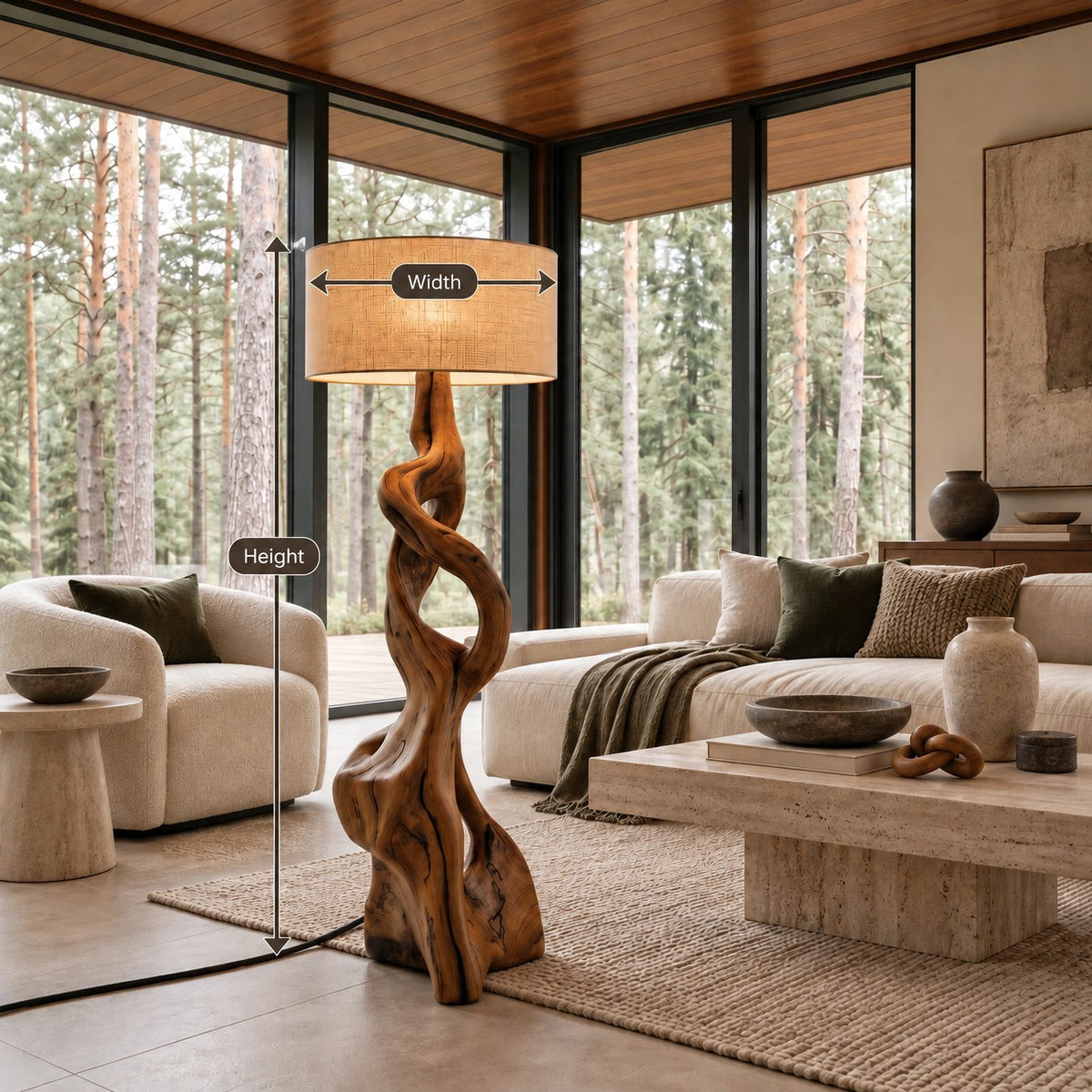 Sculptural Twisted Wood Floor Lamp With Fabric Shade For Living Room