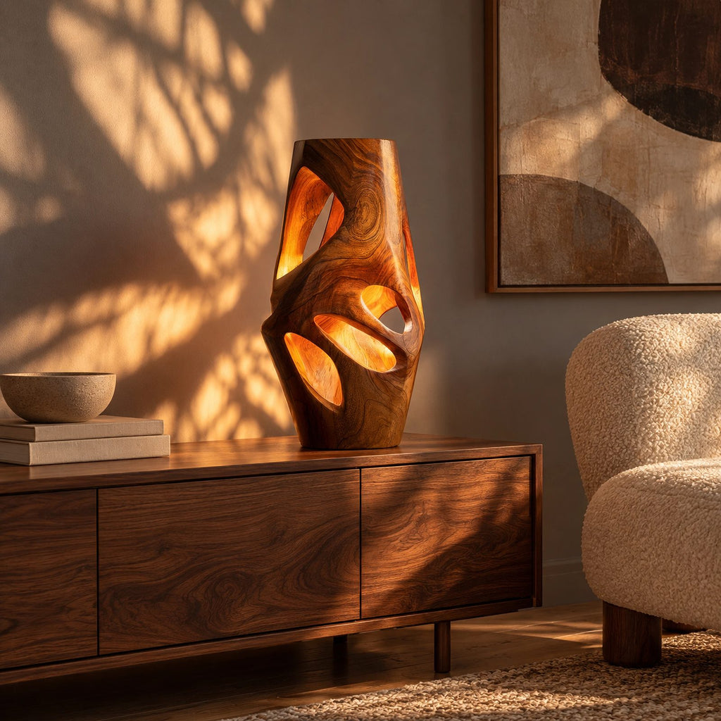 Sculptural Wood Table Lamp With Carved Openings For Bedroom