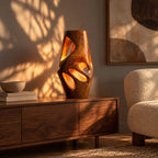 Sculptural Wood Table Lamp With Carved Openings For Bedroom