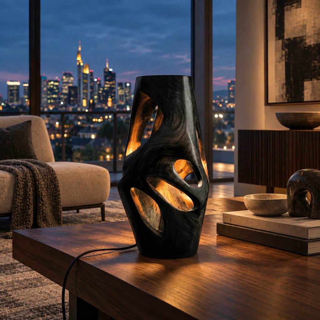 Sculptural Wood Table Lamp With Carved Openings For Bedroom