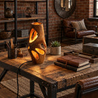 Sculptural Wood Table Lamp With Carved Openings For Bedroom