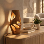 Sculptural Wood Table Lamp With Carved Openings For Bedroom