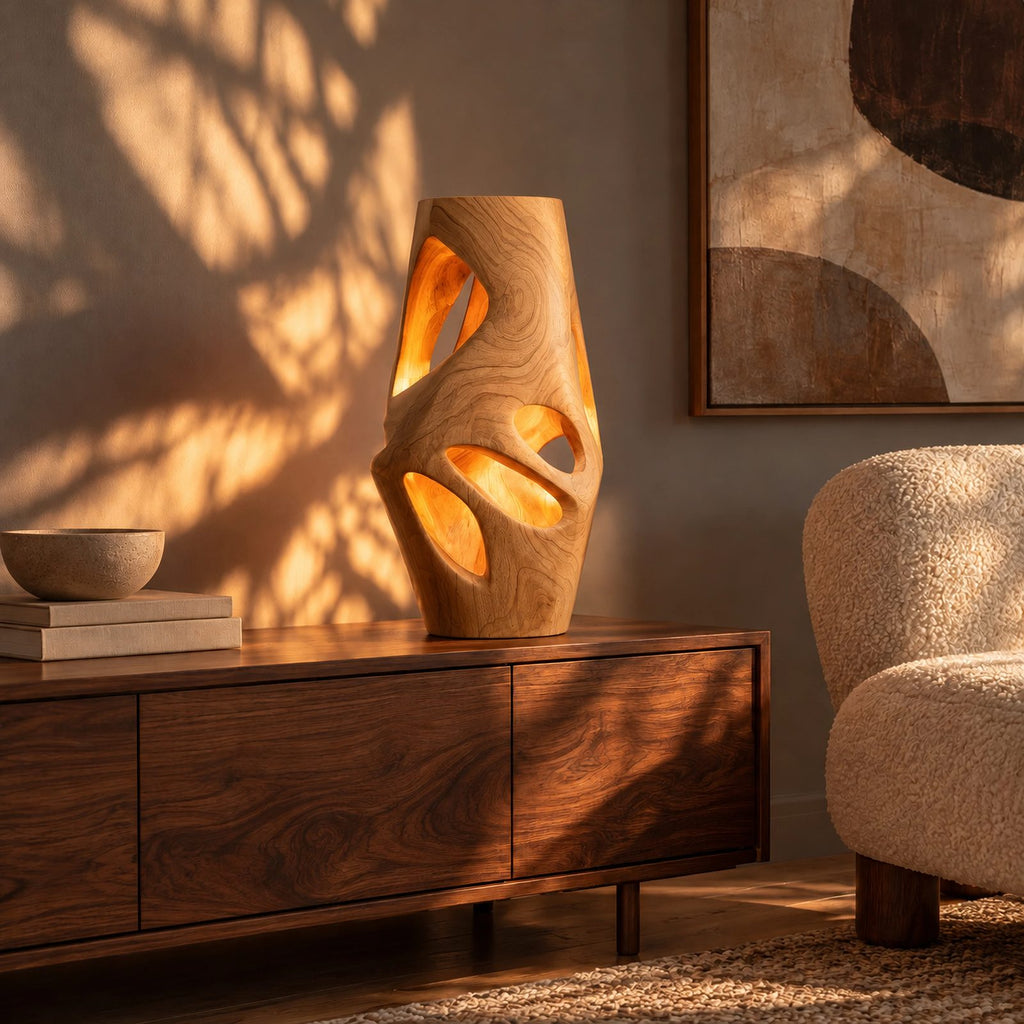 Sculptural Wood Table Lamp With Carved Openings For Bedroom