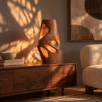 Sculptural Wood Table Lamp With Carved Openings For Bedroom