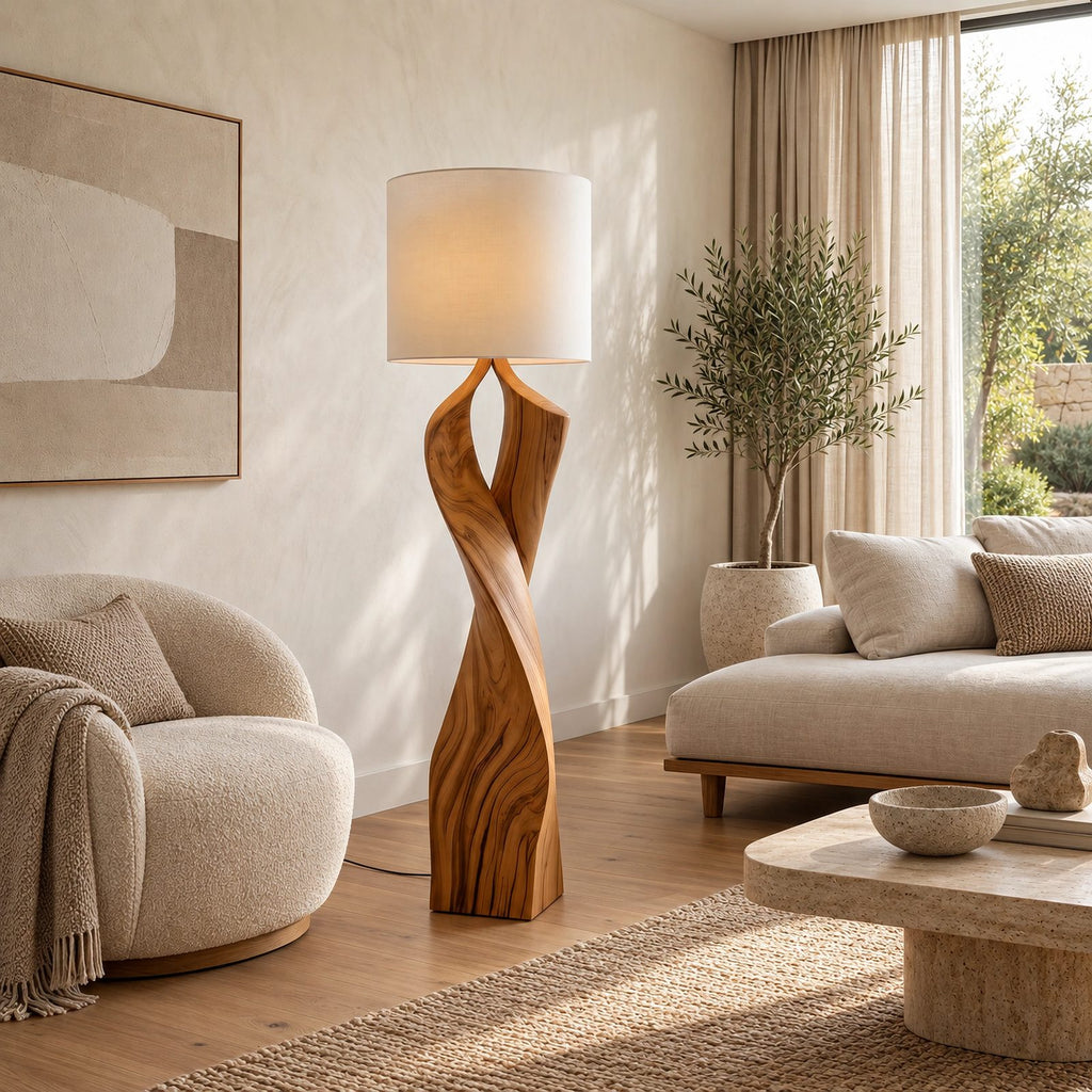 Handcrafted Twisted Wood Floor Lamp With Linen Shade For Living Room