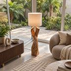 Handcrafted Twisted Wood Floor Lamp With Linen Shade For Living Room