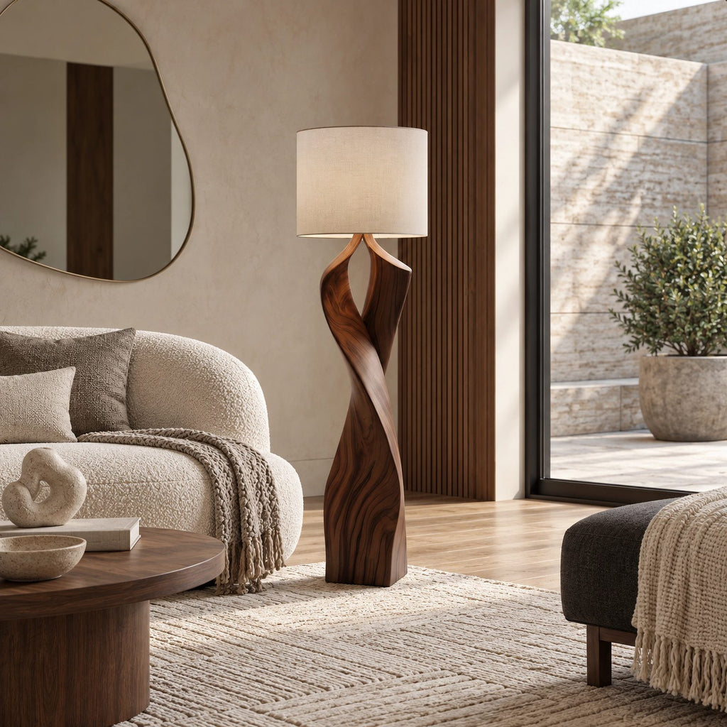 Handcrafted Twisted Wood Floor Lamp With Linen Shade For Living Room