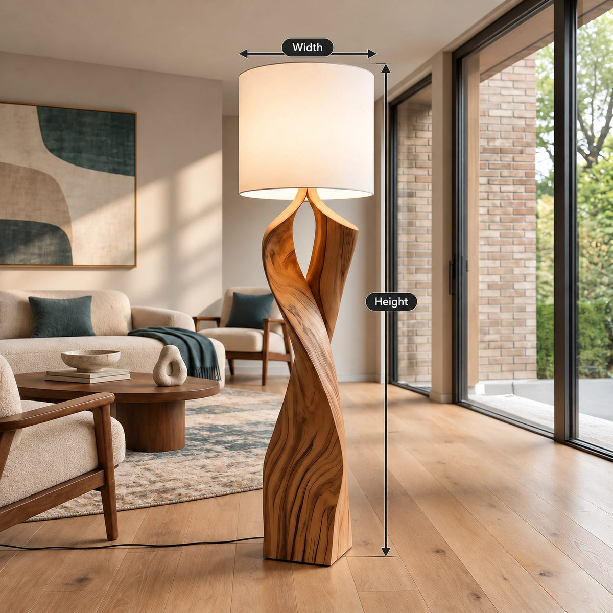 Handcrafted Twisted Wood Floor Lamp With Linen Shade For Living Room