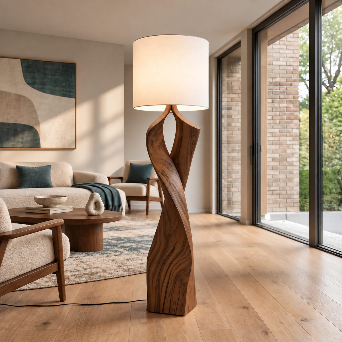 Handcrafted Twisted Wood Floor Lamp With Linen Shade For Living Room