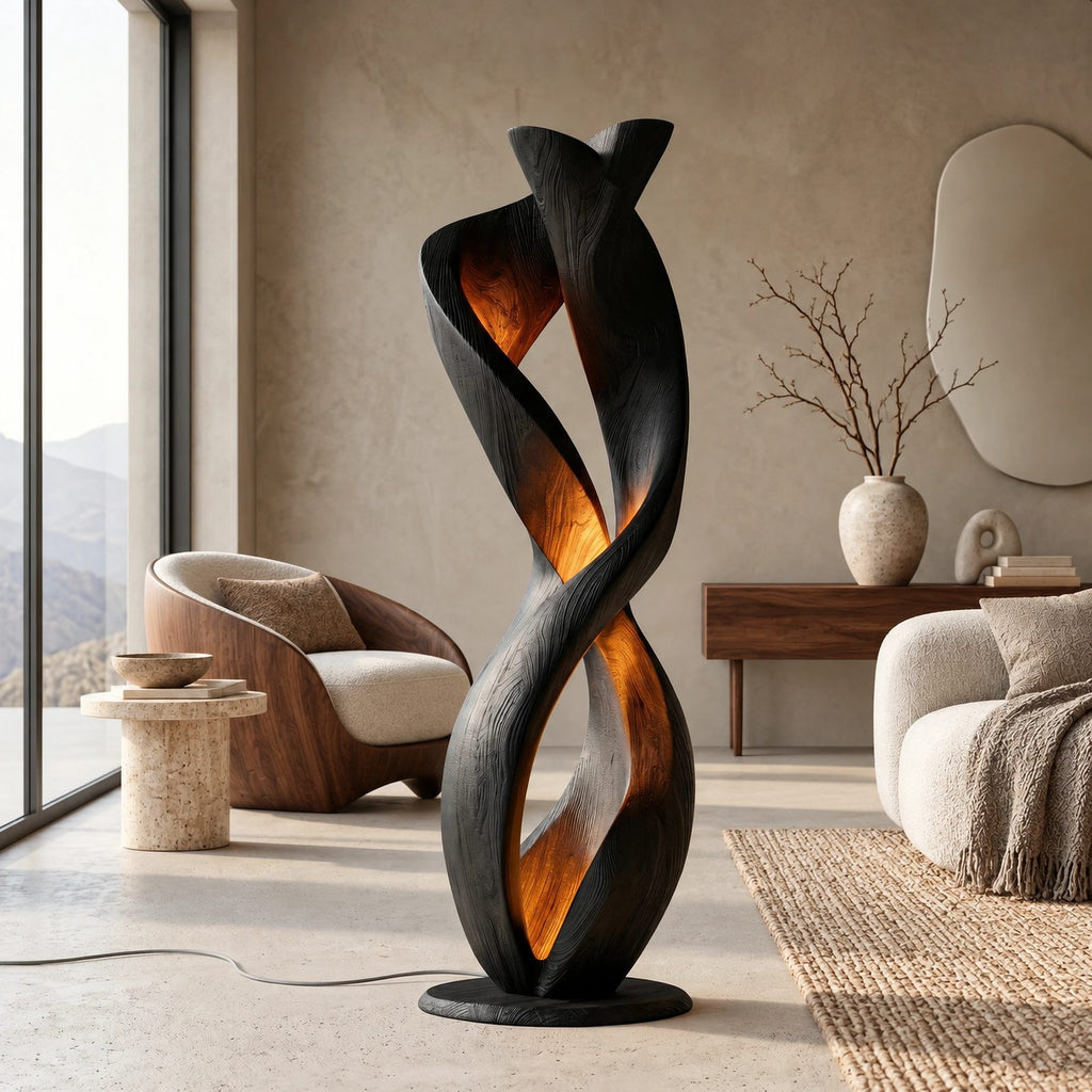 Sculptural Twisted Wood Floor Lamp With Glowing Core For Living Room