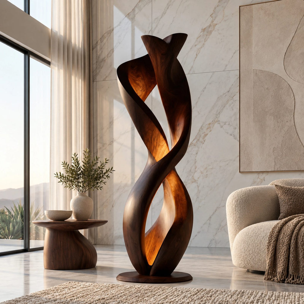 Sculptural Twisted Wood Floor Lamp With Glowing Core For Living Room