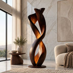 Sculptural Twisted Wood Floor Lamp With Glowing Core For Living Room