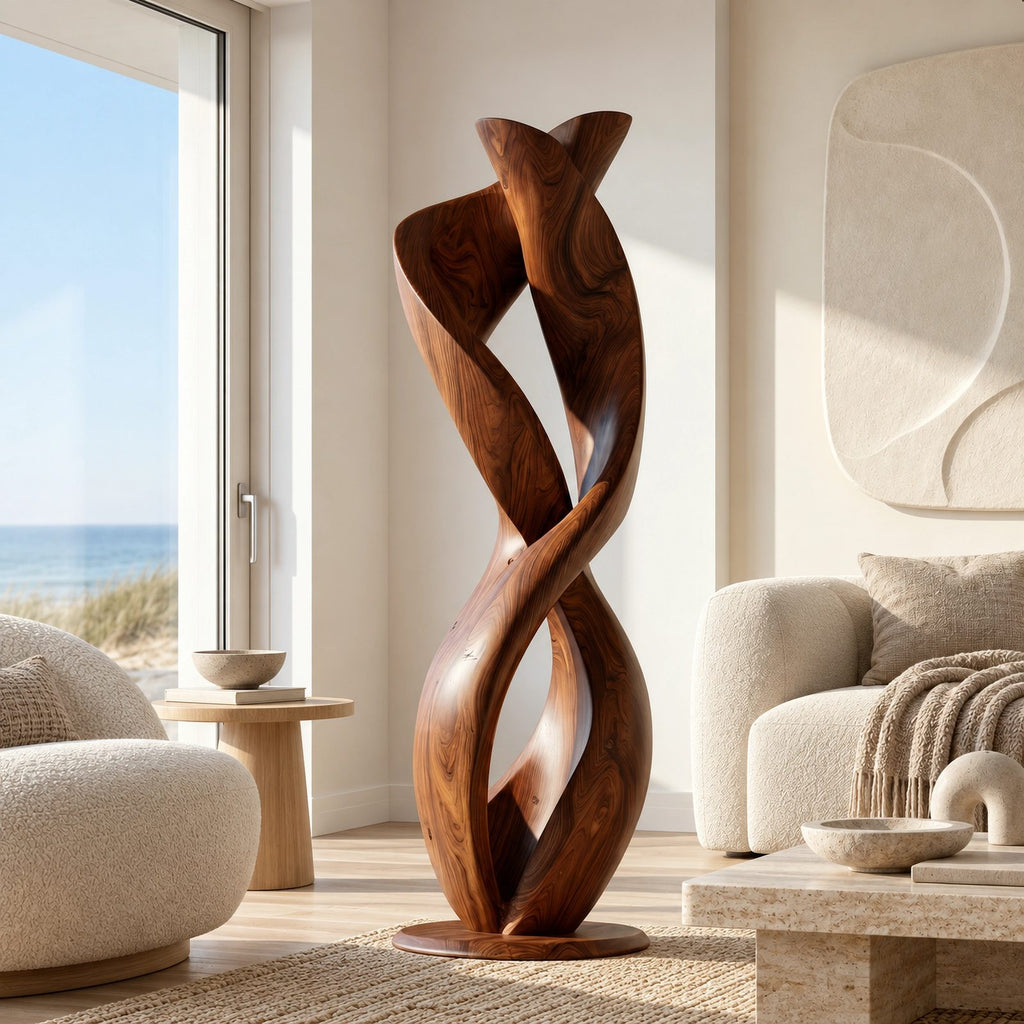 Sculptural Twisted Wood Floor Lamp With Glowing Core For Living Room