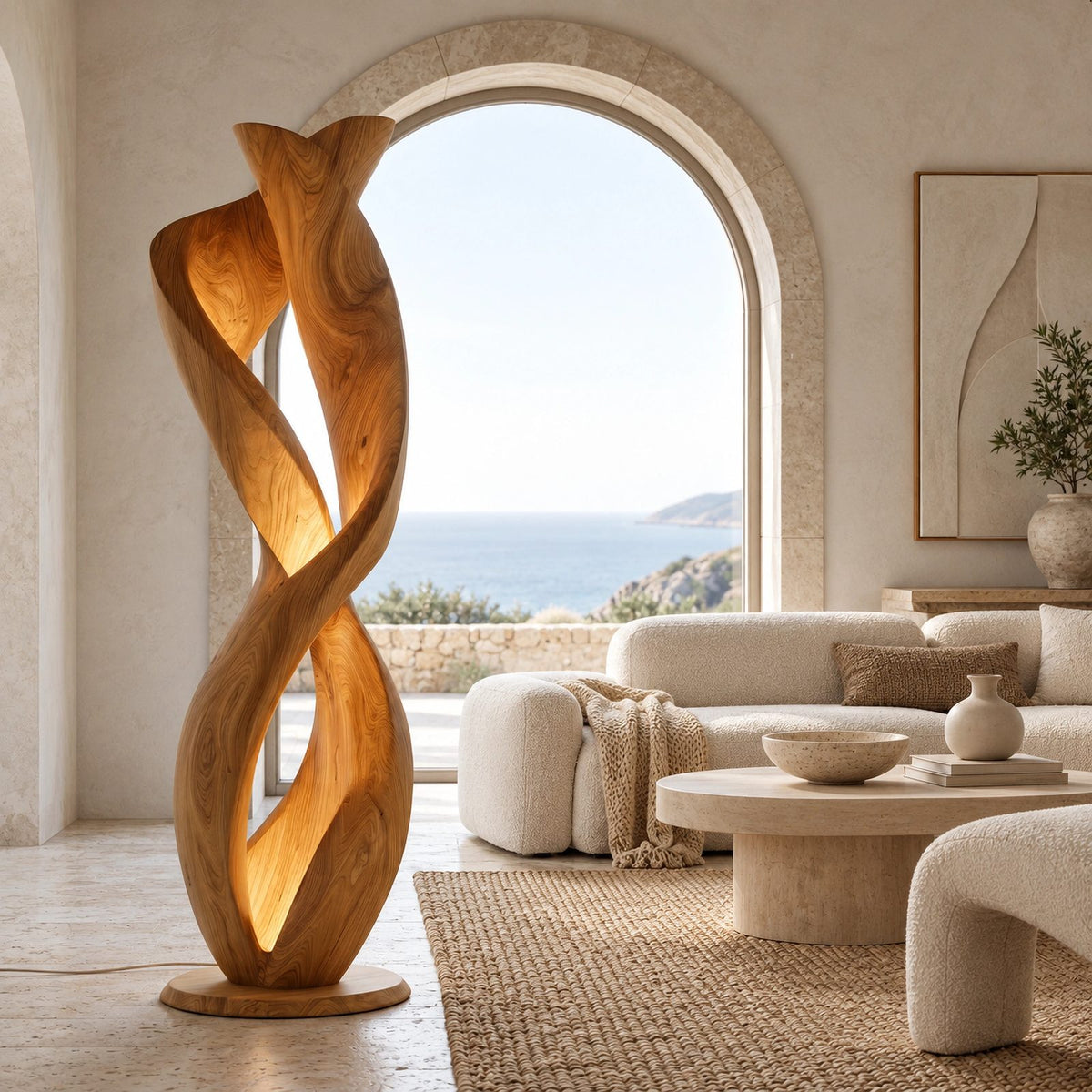 Sculptural Twisted Wood Floor Lamp With Glowing Core For Living Room