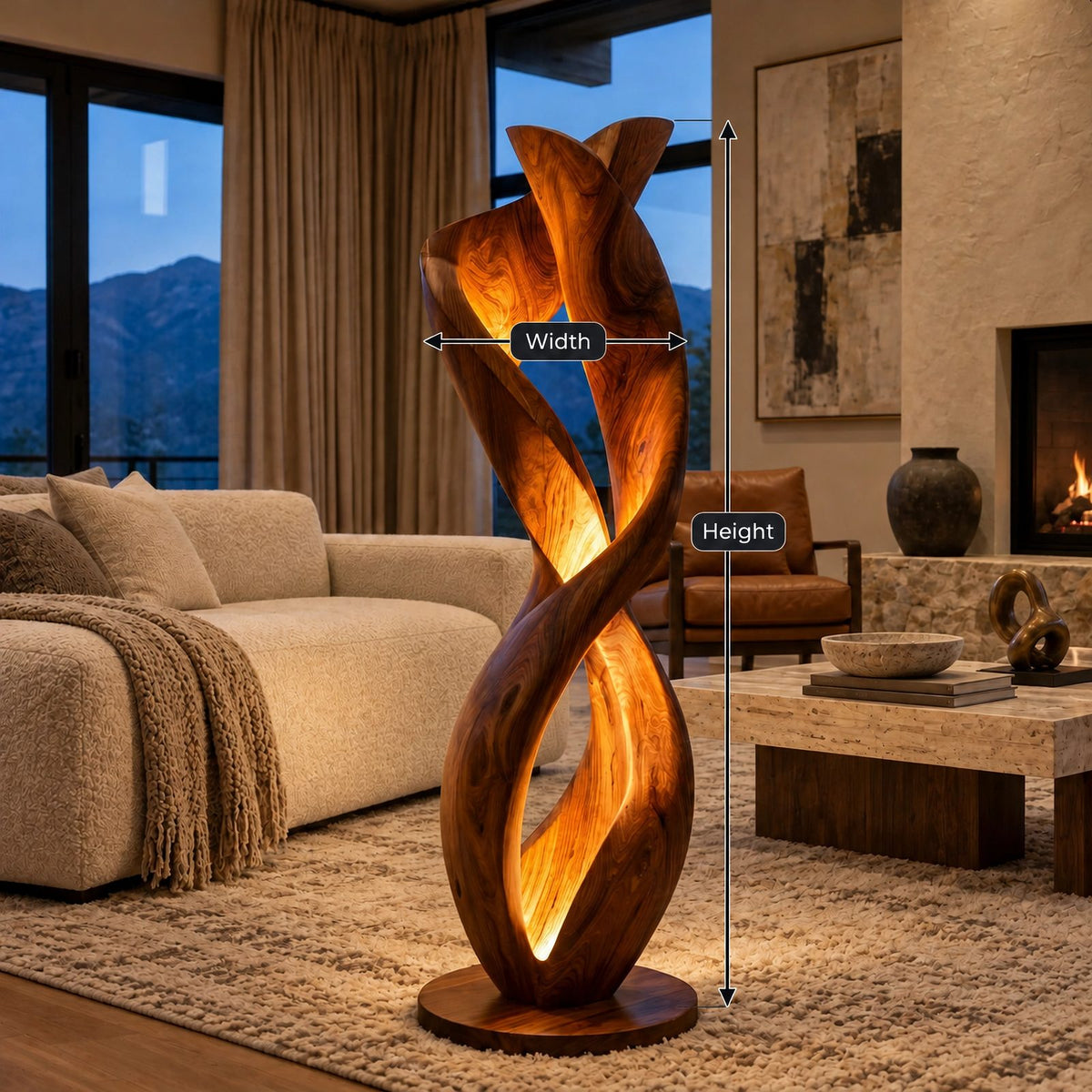 Sculptural Twisted Wood Floor Lamp With Glowing Core For Living Room