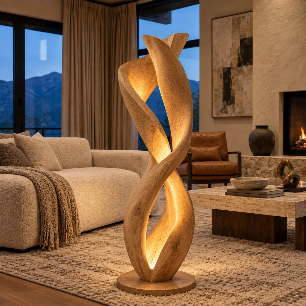 Sculptural Twisted Wood Floor Lamp With Glowing Core For Living Room