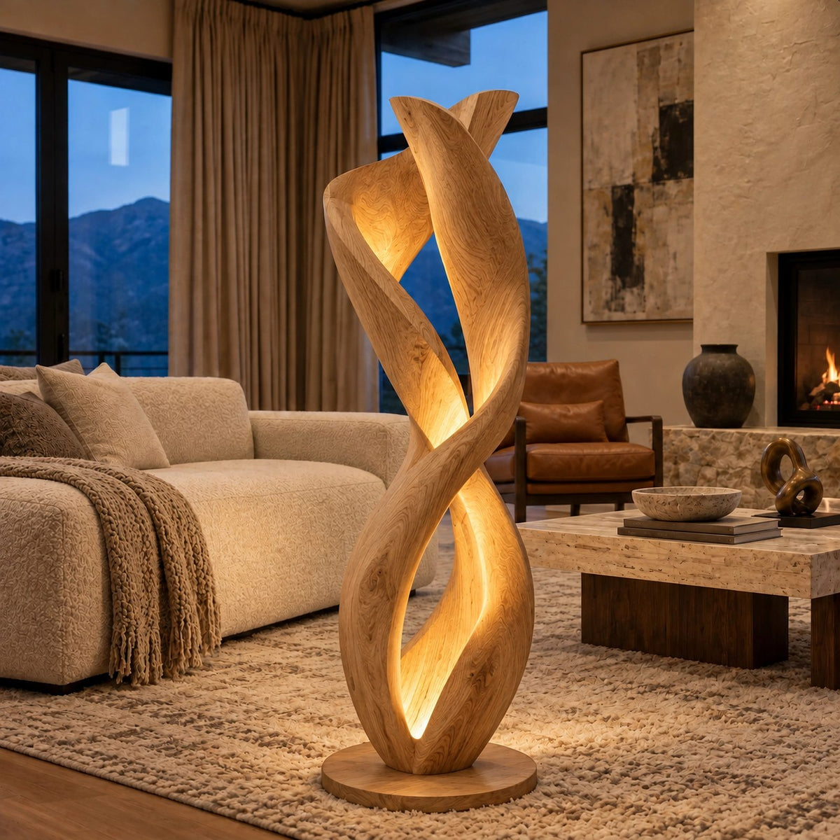 Sculptural Twisted Wood Floor Lamp With Glowing Core For Living Room