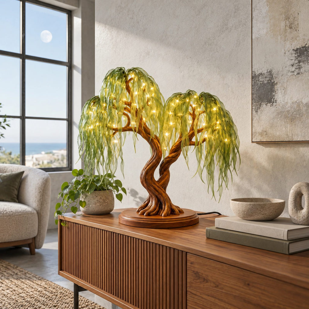 Rustic Sculptural Tree Table Lamp With Warm Light Canopy For Living Room