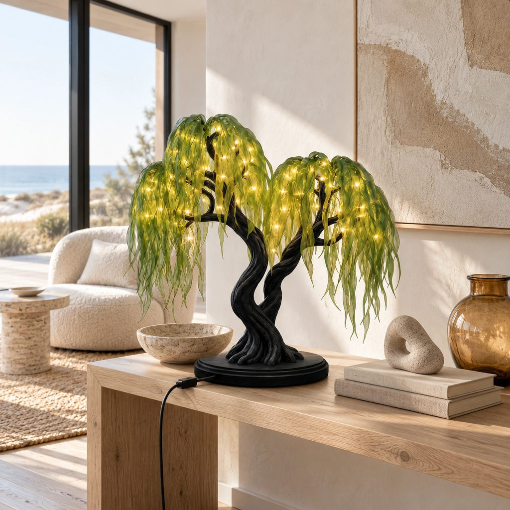 Rustic Sculptural Tree Table Lamp With Warm Light Canopy For Living Room