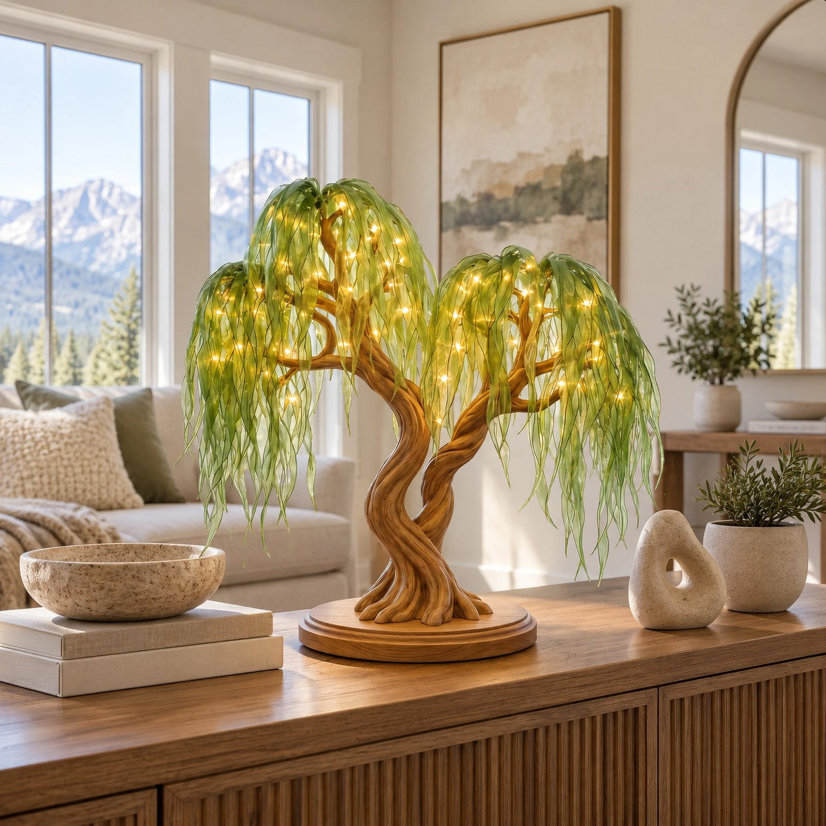 Rustic Sculptural Tree Table Lamp With Warm Light Canopy For Living Room