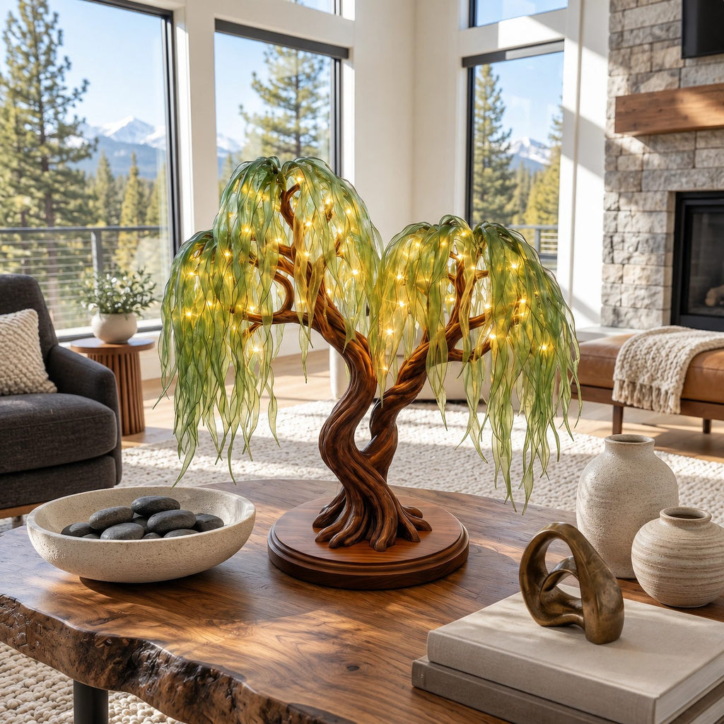 Rustic Sculptural Tree Table Lamp With Warm Light Canopy For Living Room
