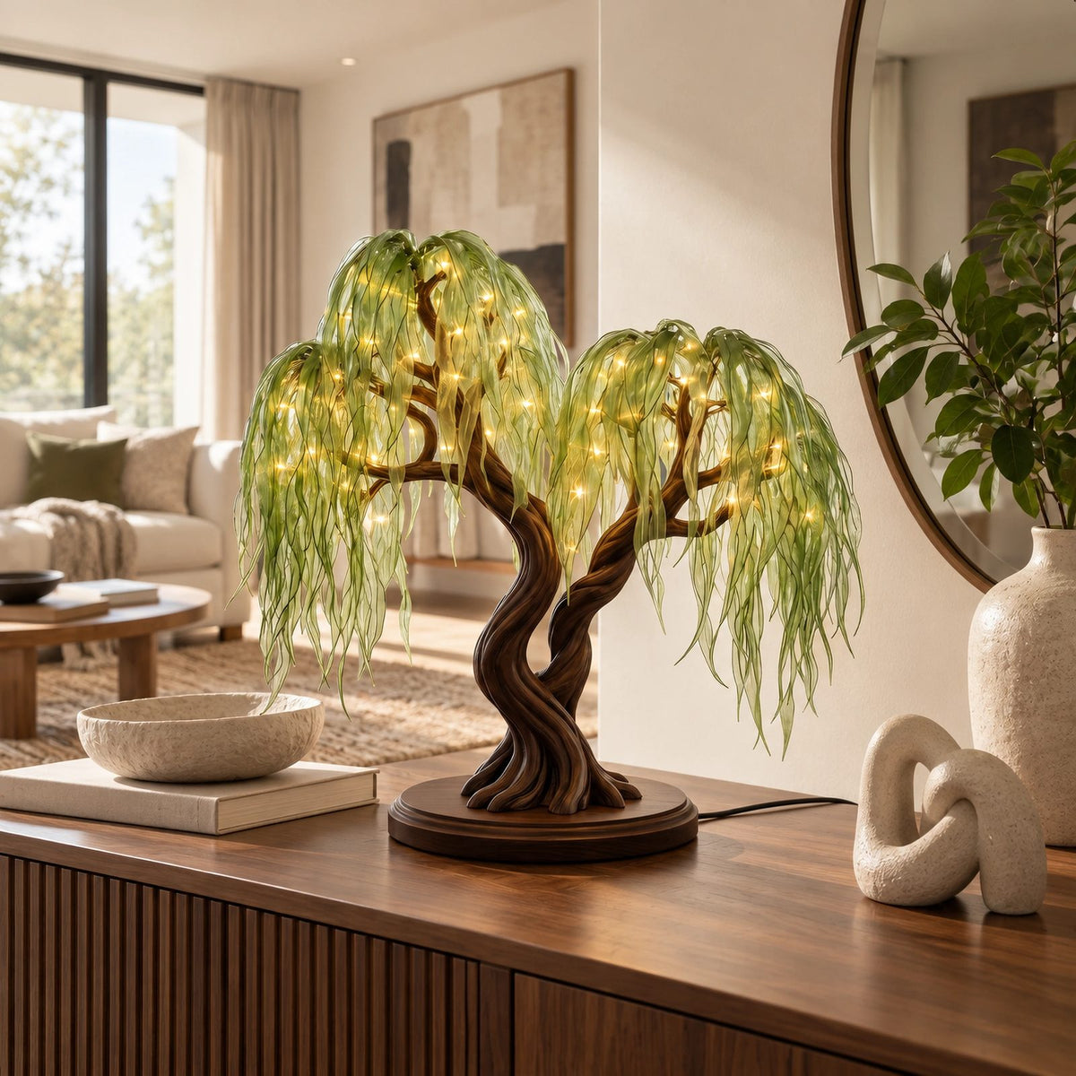 Rustic Sculptural Tree Table Lamp With Warm Light Canopy For Living Room