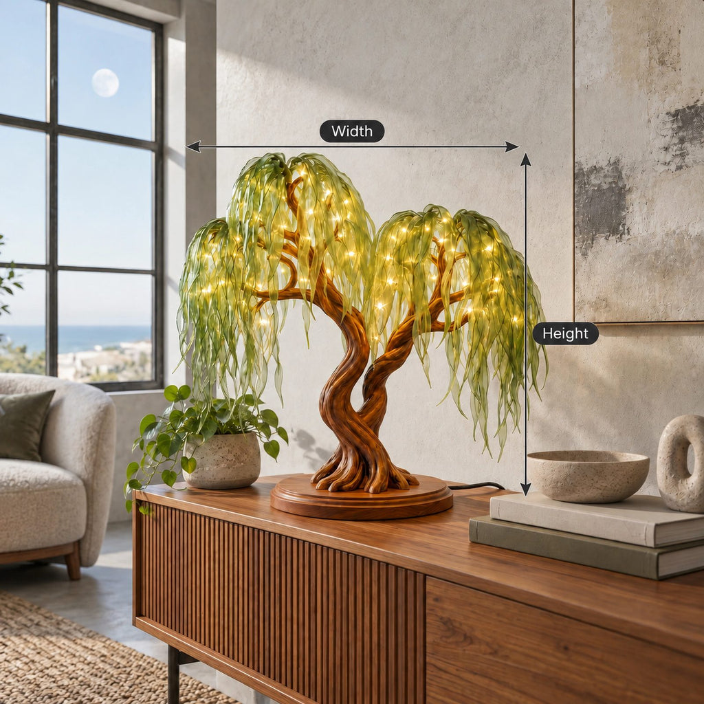 Rustic Sculptural Tree Table Lamp With Warm Light Canopy For Living Room