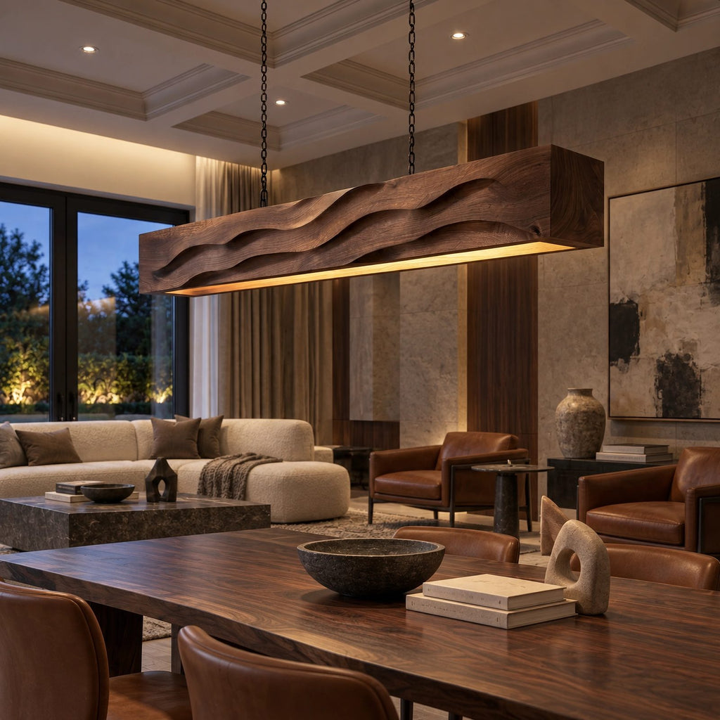 Artisan Wood Beam Pendant Light With Flowing Wave Carving For Dining Room