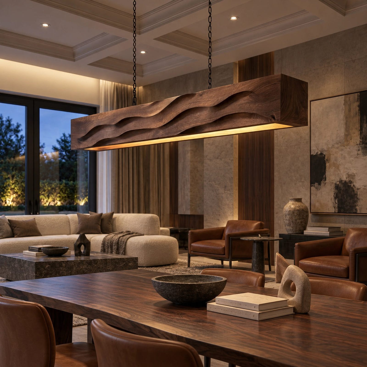 Artisan Wood Beam Pendant Light With Flowing Wave Carving For Dining Room