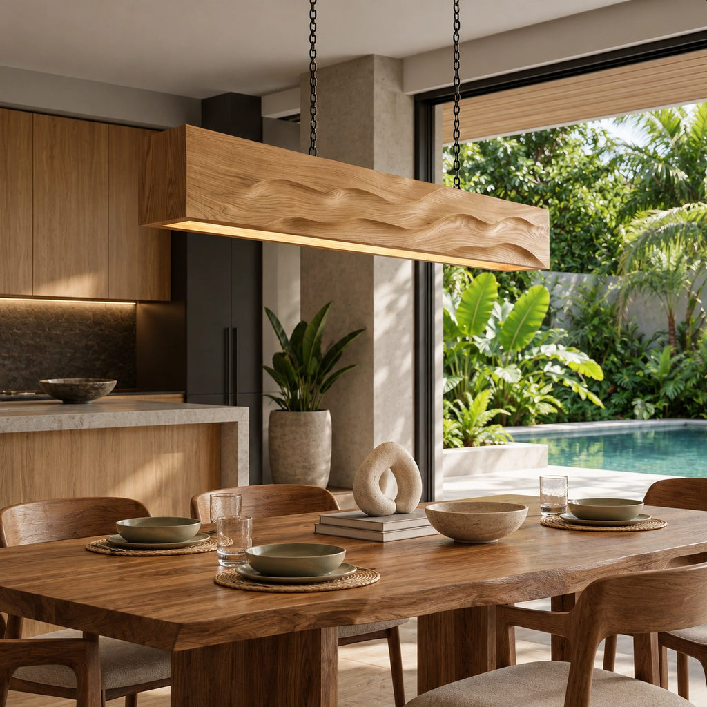 Artisan Wood Beam Pendant Light With Flowing Wave Carving For Dining Room