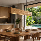 Artisan Wood Beam Pendant Light With Flowing Wave Carving For Dining Room