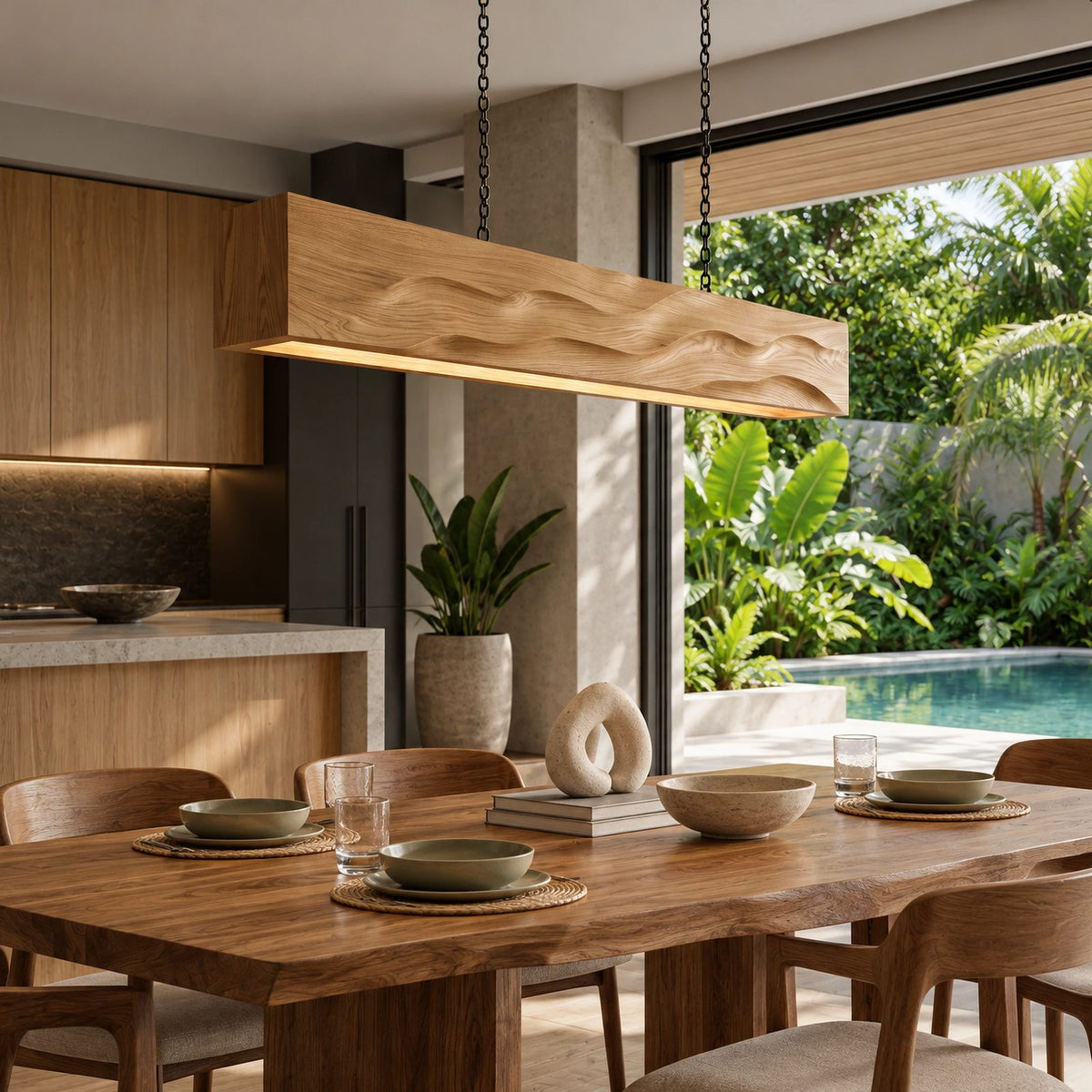 Artisan Wood Beam Pendant Light With Flowing Wave Carving For Dining Room