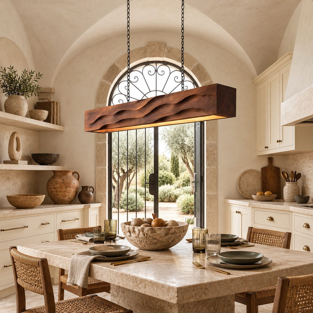 Artisan Wood Beam Pendant Light With Flowing Wave Carving For Dining Room
