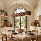 Artisan Wood Beam Pendant Light With Flowing Wave Carving For Dining Room