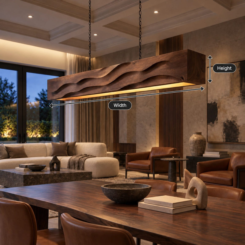 Artisan Wood Beam Pendant Light With Flowing Wave Carving For Dining Room