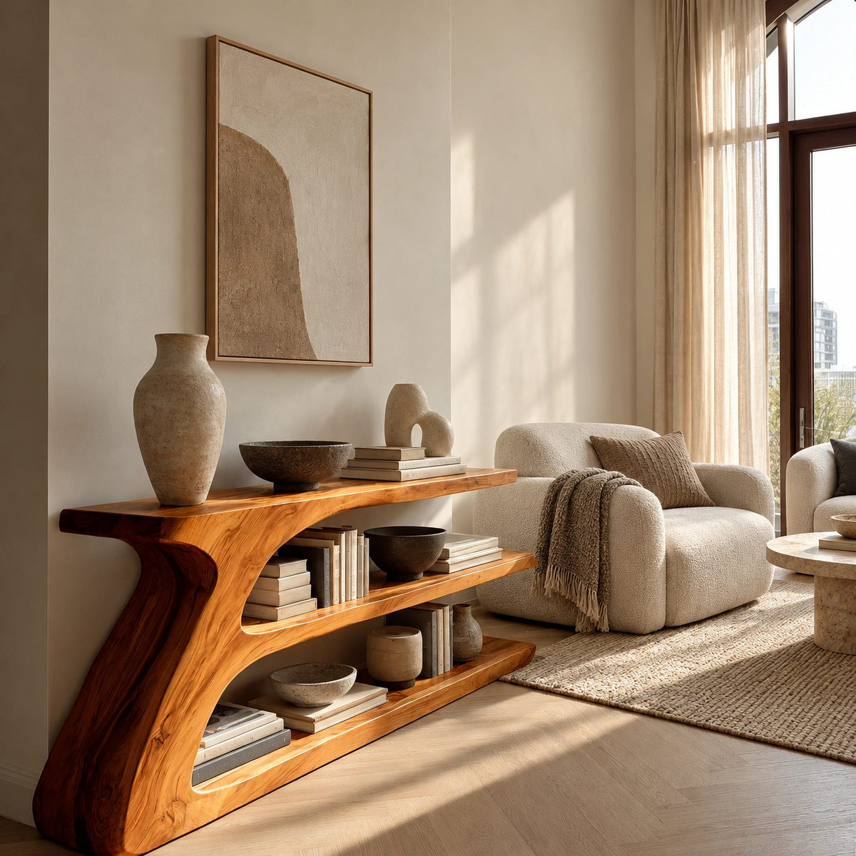 Contemporary Sculptural Wood Console Table With Open Shelf For Living Room