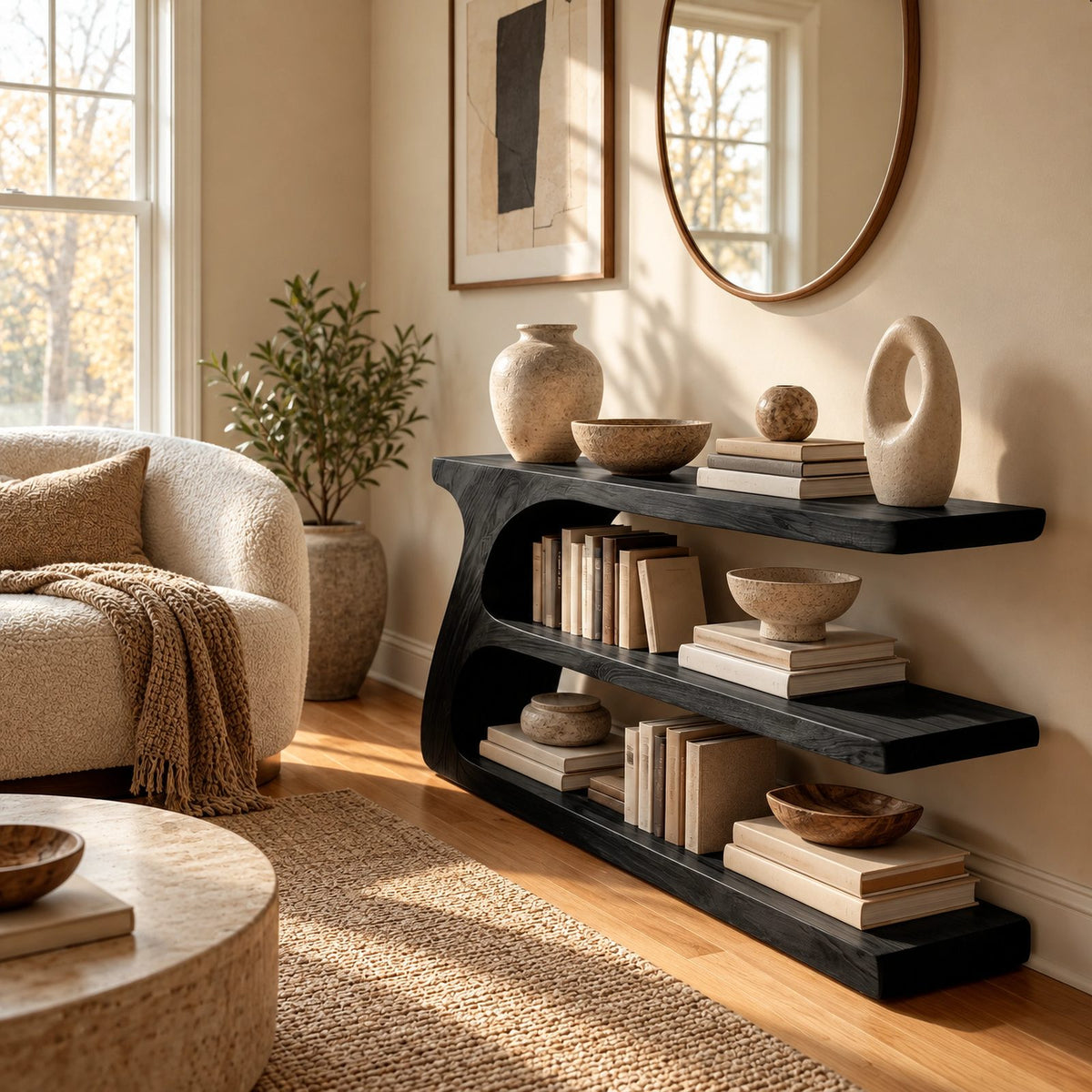 Contemporary Sculptural Wood Console Table With Open Shelf For Living Room