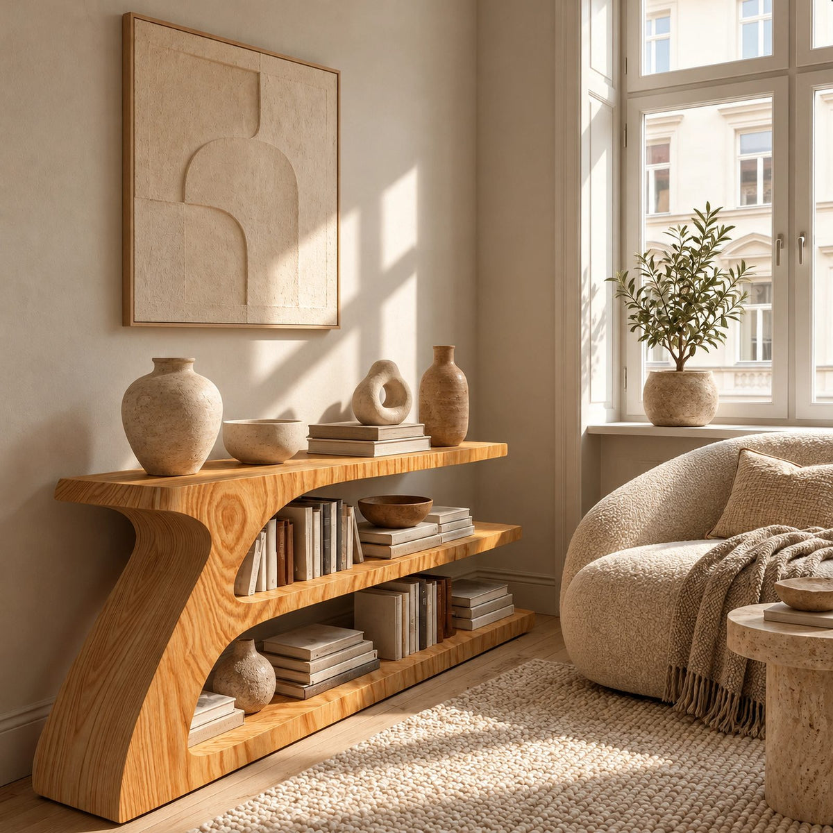 Contemporary Sculptural Wood Console Table With Open Shelf For Living Room