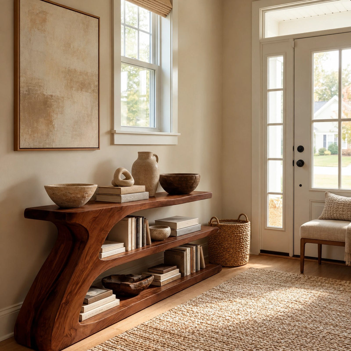 Contemporary Sculptural Wood Console Table With Open Shelf For Living Room