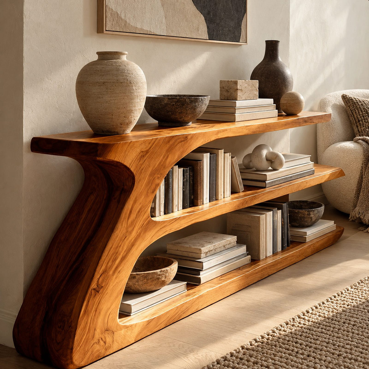Contemporary Sculptural Wood Console Table With Open Shelf For Living Room