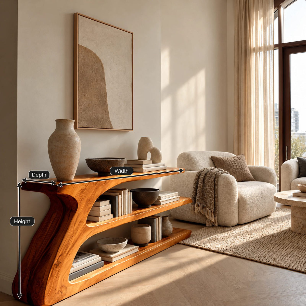Contemporary Sculptural Wood Console Table With Open Shelf For Living Room