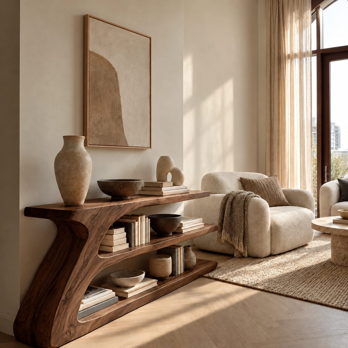 Contemporary Sculptural Wood Console Table With Open Shelf For Living Room