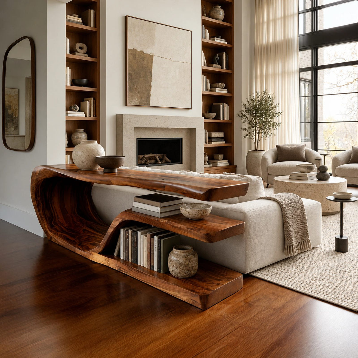 Organic Flowing Wood Console Table With Open Shelf For Living Room