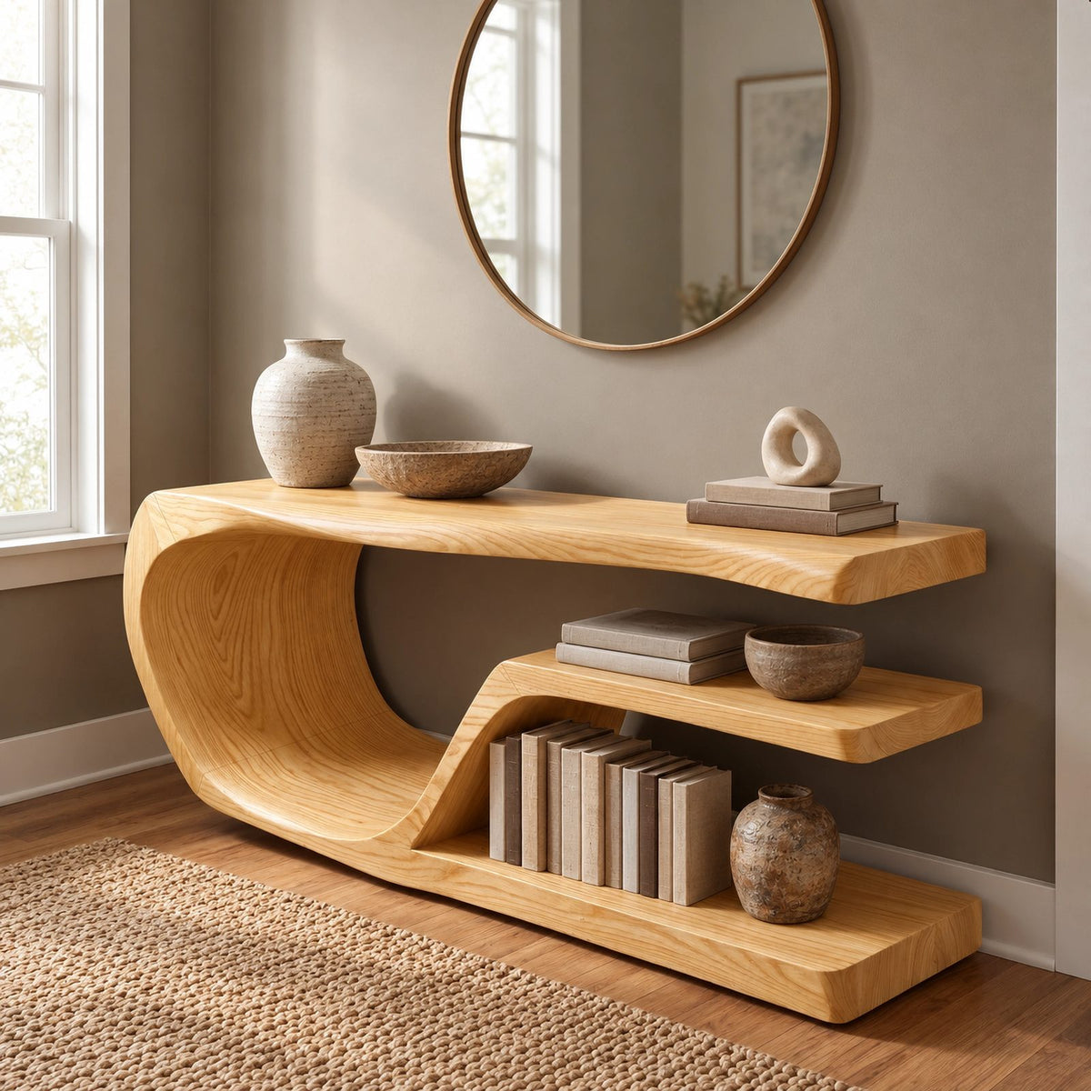 Organic Flowing Wood Console Table With Open Shelf For Living Room